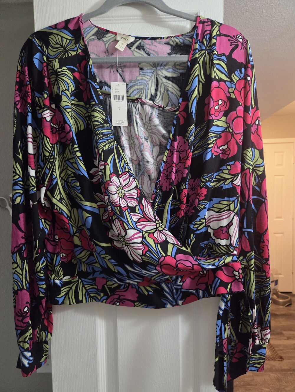 Tiny By Anthropologie Faux Wrap Floral Long-Sleeve Top in Black & Pink